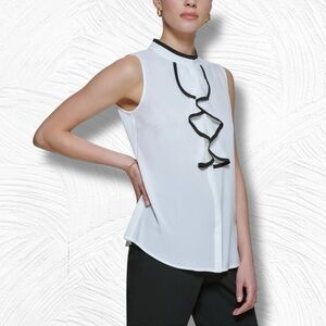 NWT Calvin Klein ‘Sleeveless Two-Tone Ruffle Front Blouse’ in “Eggshell / Black”